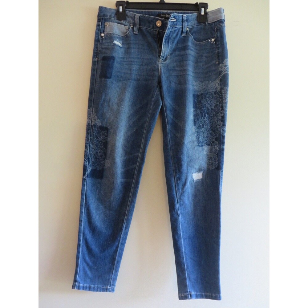 White House Black Market Women's Blue Denim Skinny Jeans Distressed Floral